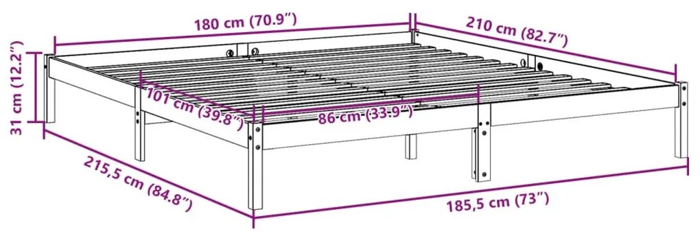 fehér tömör fenyő extra hosszú ágykeret matrac nélkül 180x210cm