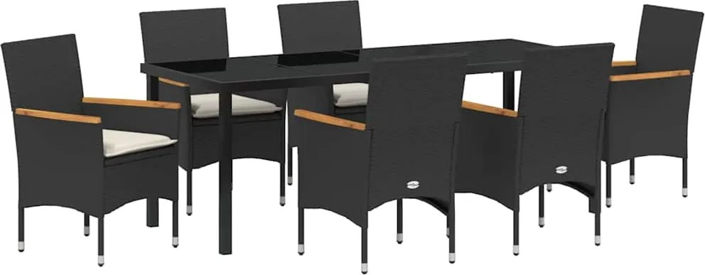 vidaXL Kert étkező szett párnával 7 pcs Fekete polirattan