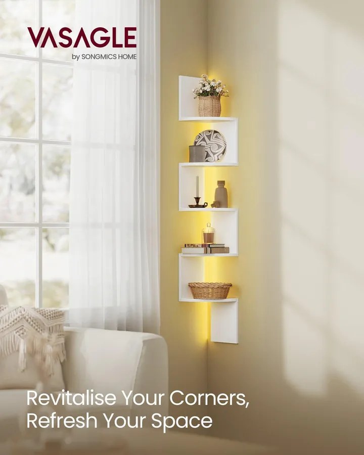 Fali sarokpolc RGB LED világítással, 5 szintes, matt fehér színben