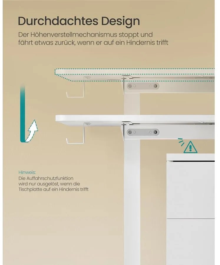 Elektromosan állítható magasságú íróasztal, 60 × 140 × 72–120 cm –, felhő fehér színben