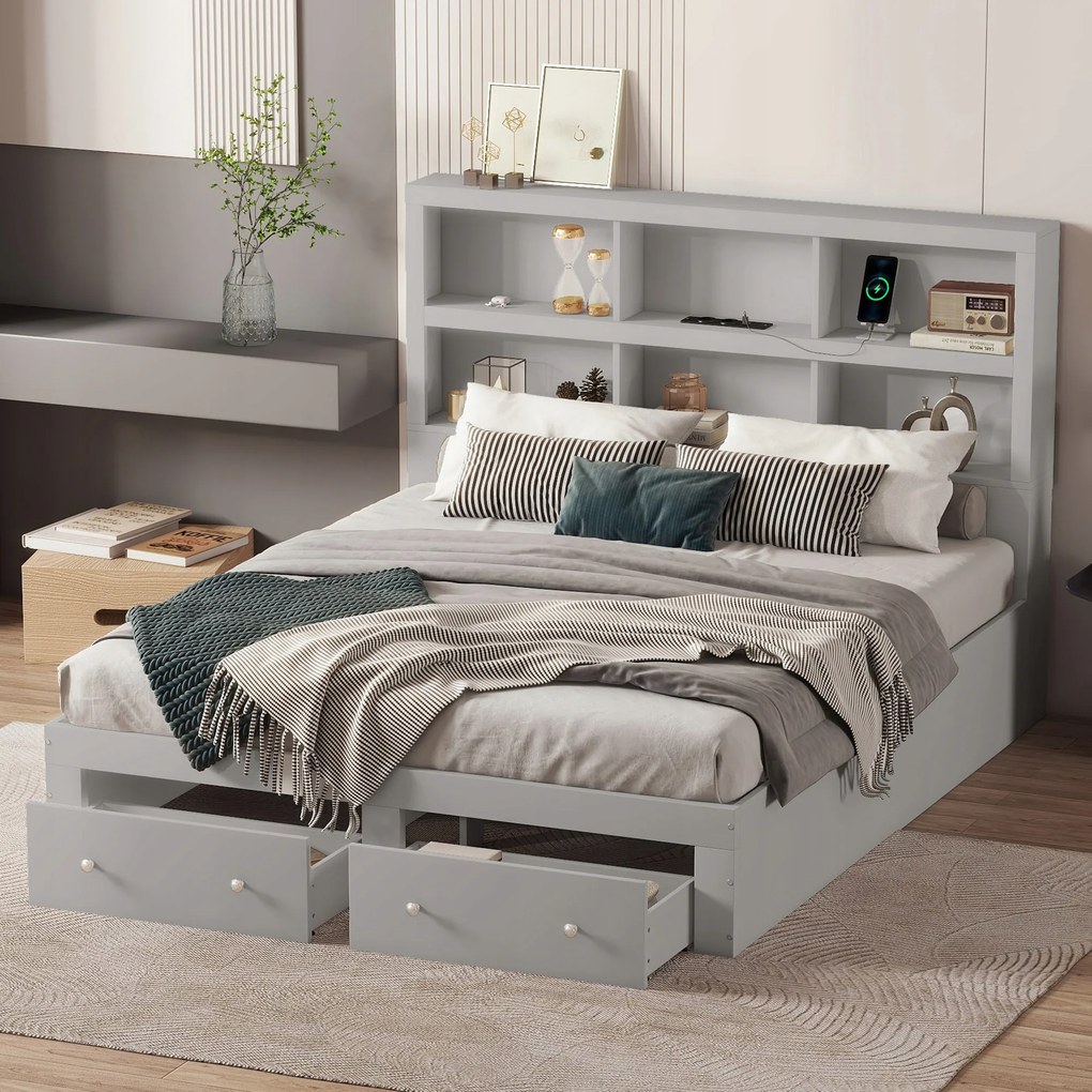 Franciaágy 160*200cm, tömörfa tároló állvány szürke