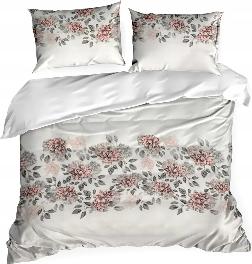 Nika szatén ágyneműhuzat 200x220 krémszínű, szürke korall hortenzia virágokkal