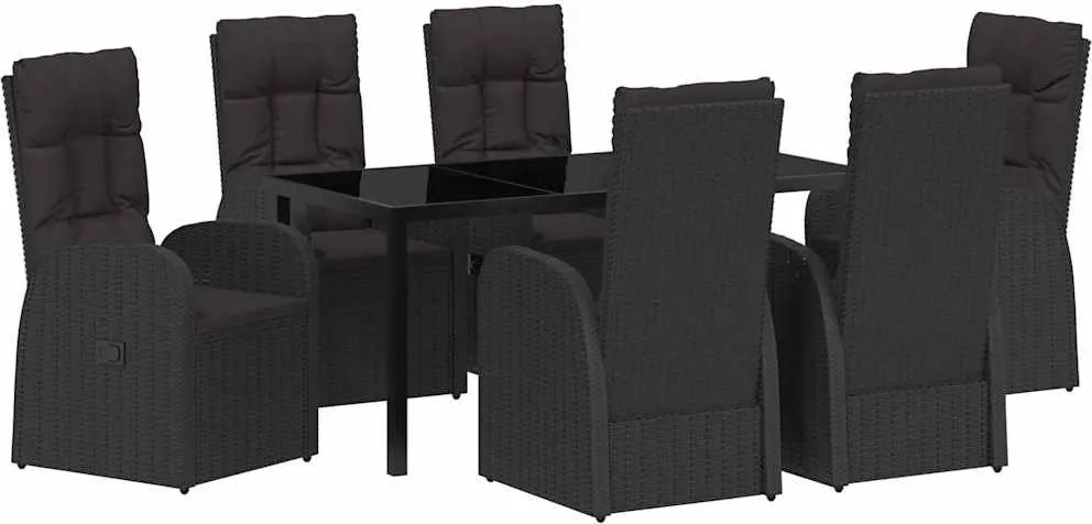 vidaXL Kert étkező szett párnával 7 pcs Fekete polirattan