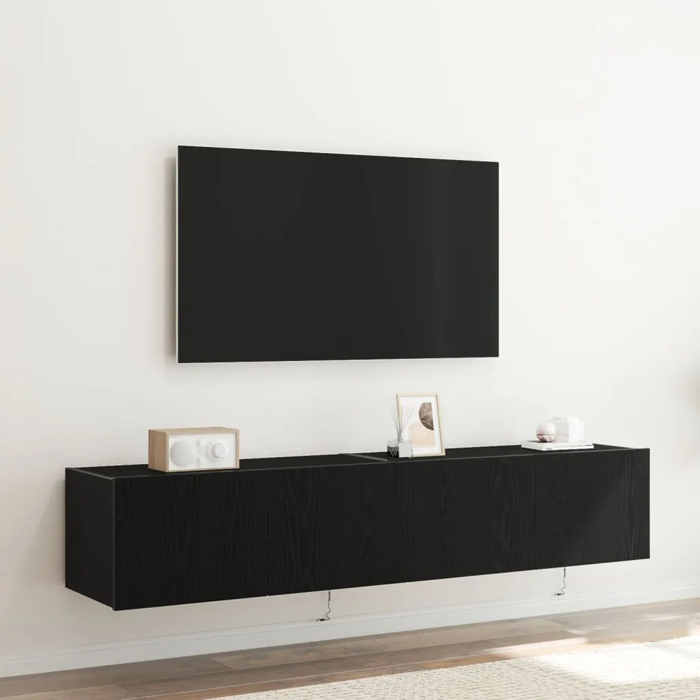 TV Faliszekrény LED Fényekkel 2 db Fekete Tölgy 80x35x31 cm