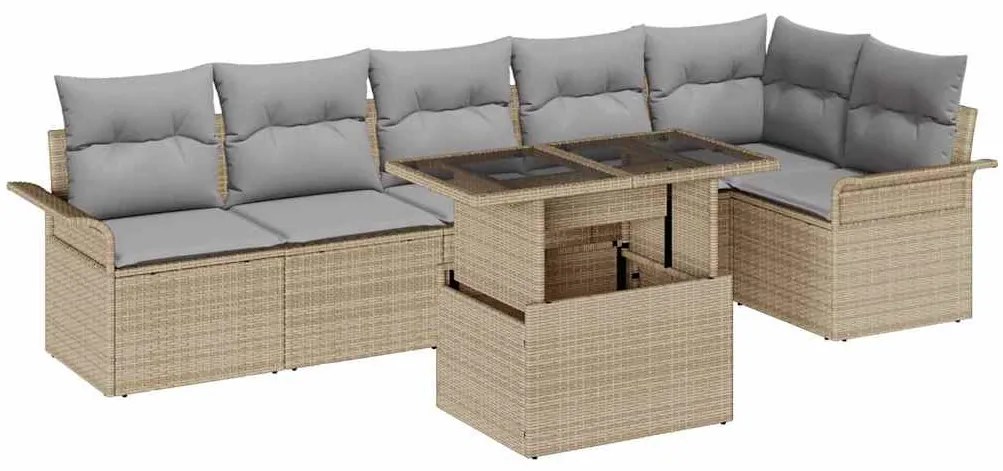 vidaXL Kerti Kanapé Szett párnával tárolóval 7 pcs Bézs Poli rattan