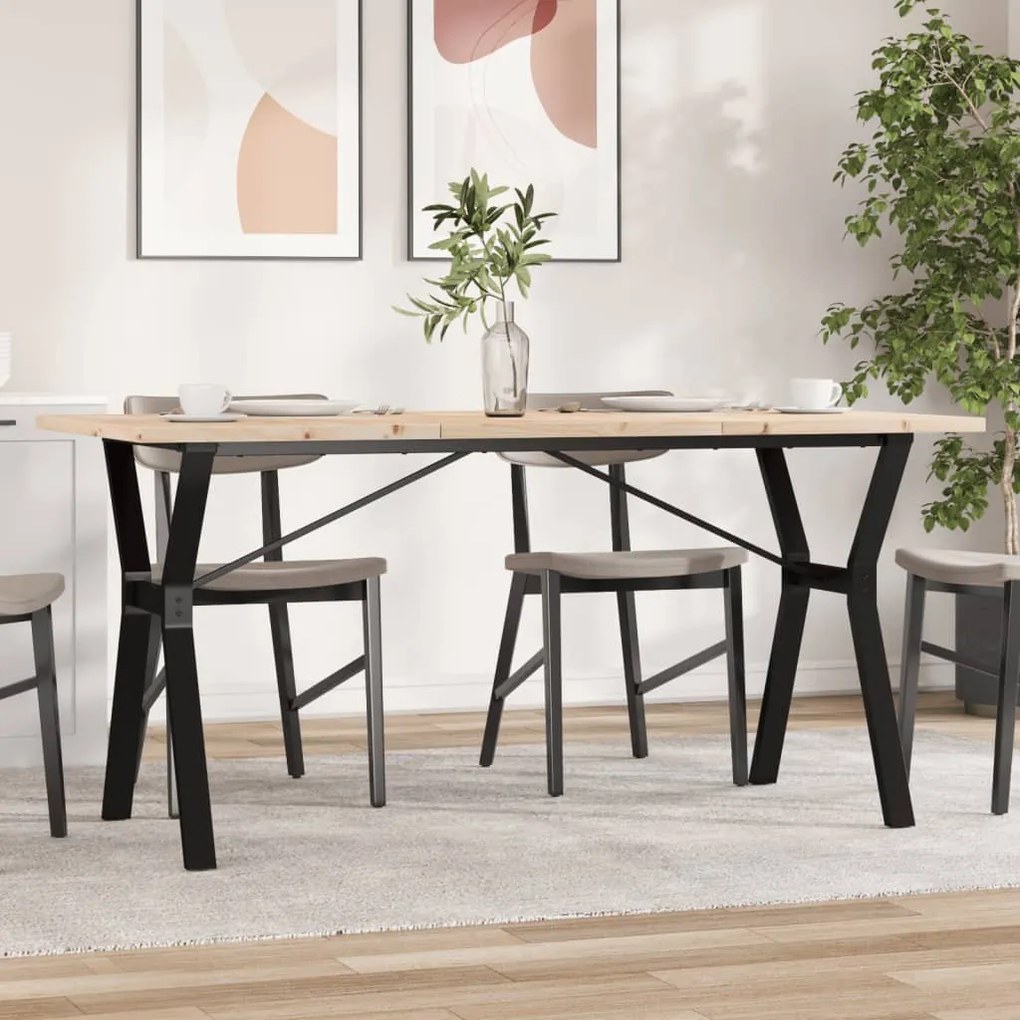 Tömör fenyőfa és acél étkezőasztal Y-vázzal 160x80x75,5 cm