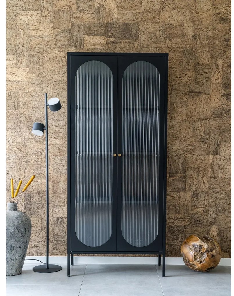Adelaide vitrin, fekete, 2 hullámos üvegajtó 80x35x180 cm