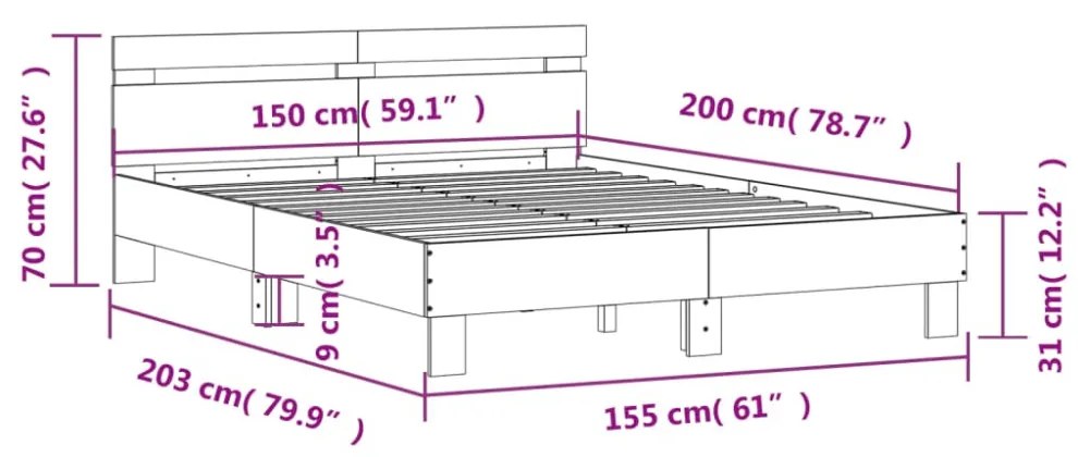füstös tölgy színű szerelt fa ágykeret fejtámlával 150x200 cm