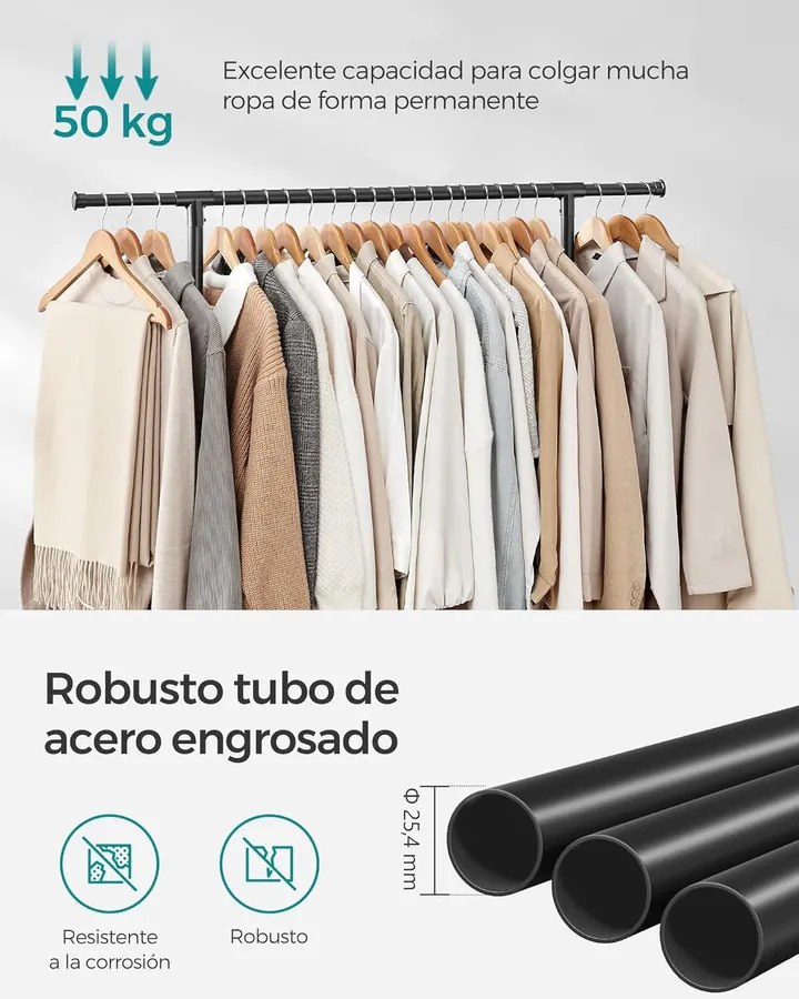 Dupla Ruhafogas, Állítható Felső Rúddal, Görgős, 113-180 cm, Fekete