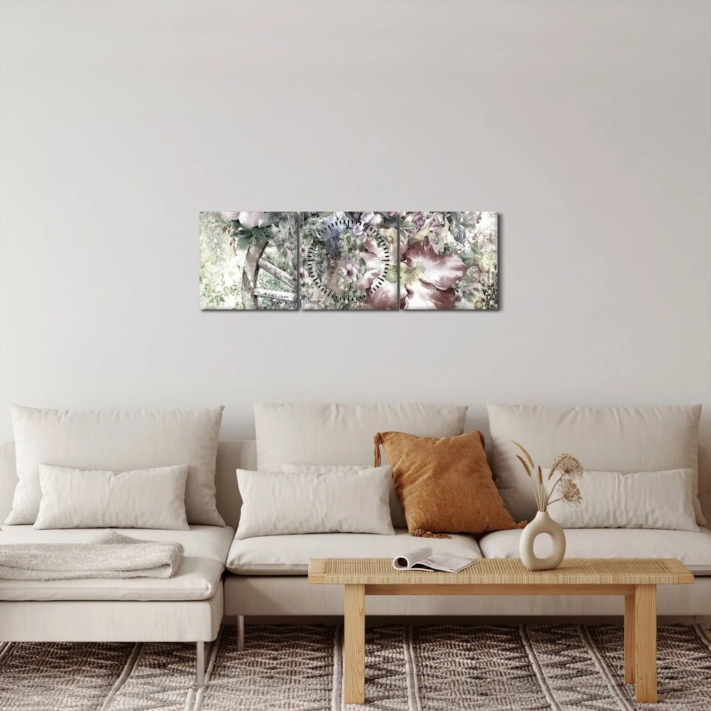 Virágok képe egy fából készült kerékpáron (órával) (90x30 cm)