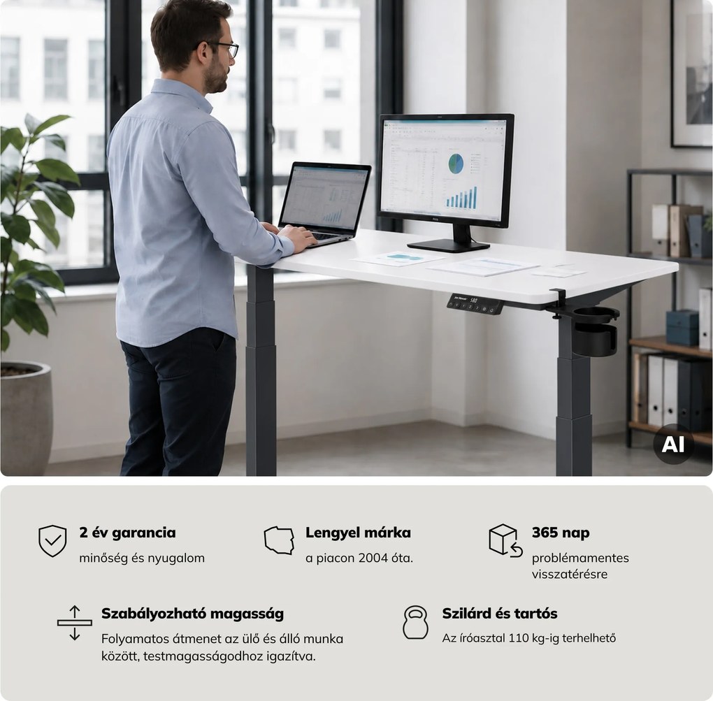 Elektromos íróasztal magasságállítással ergonomikus antracit-fehér, 1400x700 mm: ARIA