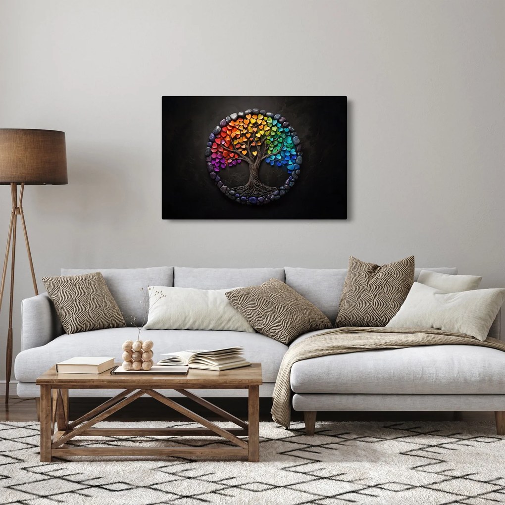 Kép – Fa színes szívekkel (90x60 cm)