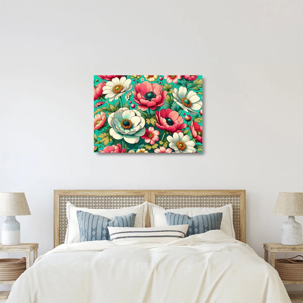 Üveg kép - Virágok kék háttéren (70x50 cm)