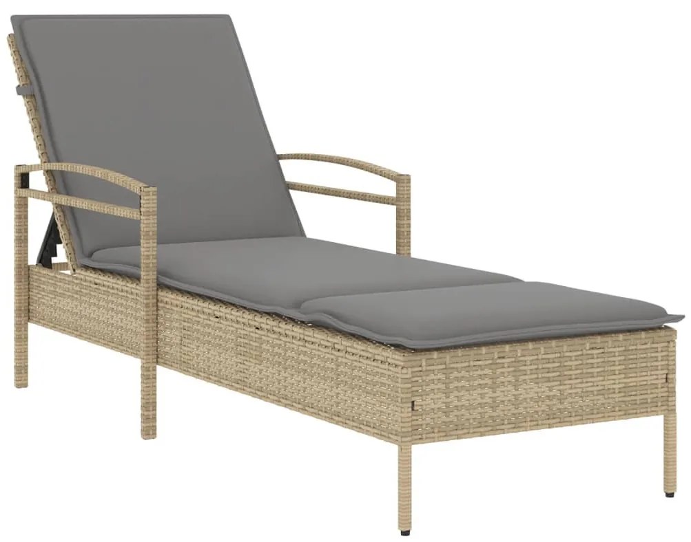 Bézs polyrattan napozóágy párnával 63x200x81 cm