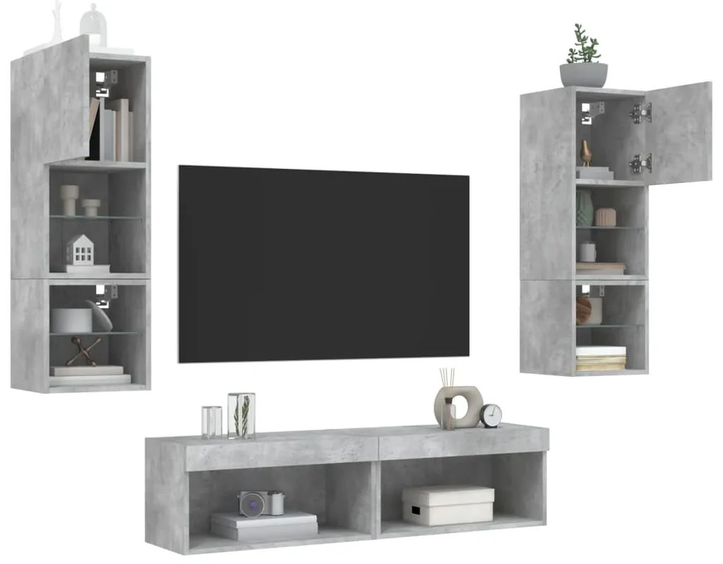 6 darab betonszürke szerelt fa fali TV-bútor LED-del