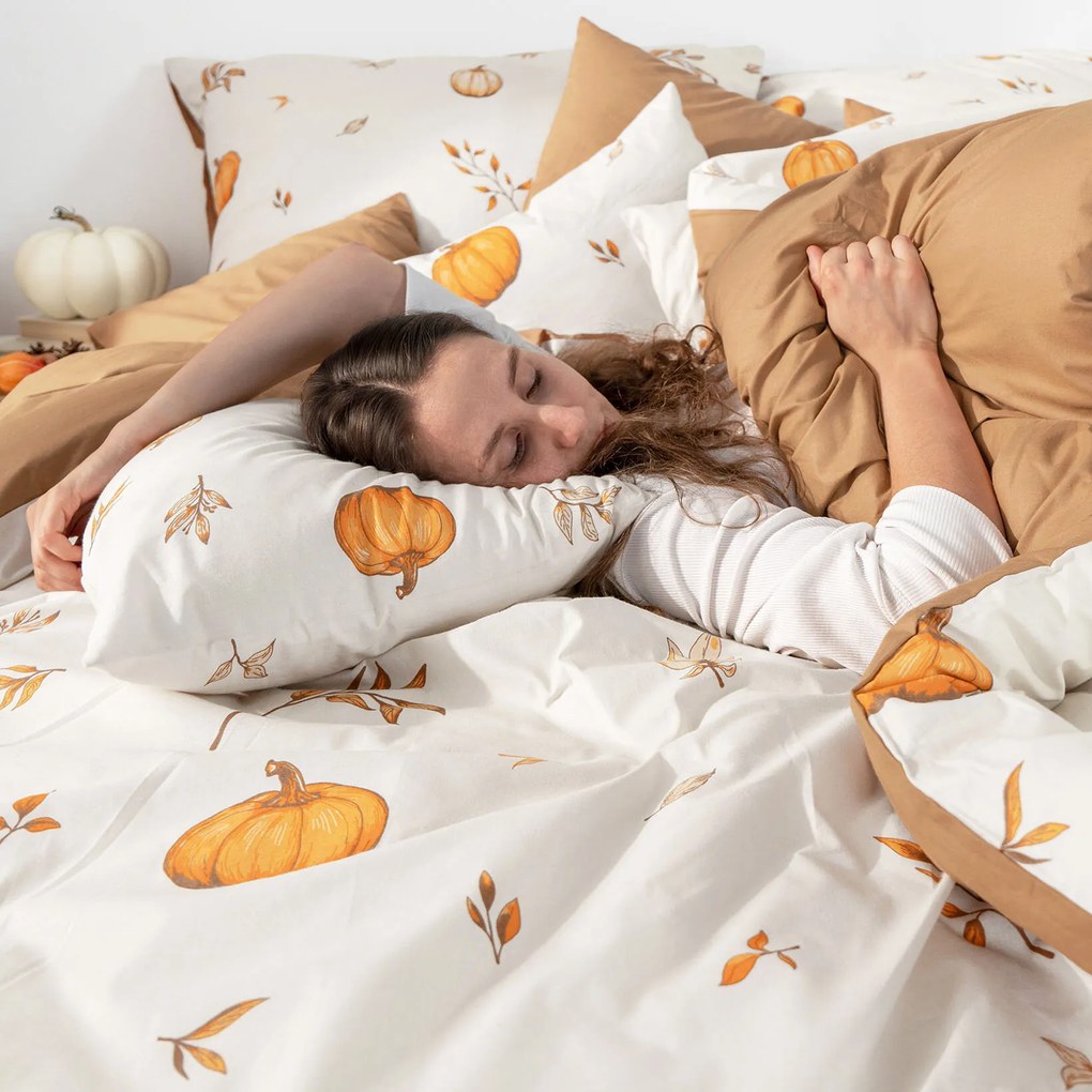 Goldea pamut ágyneműhuzat duo - őszi tökök és levelek, barna színű hátoldal 220 x 200 és 2db 70 x 90 cm