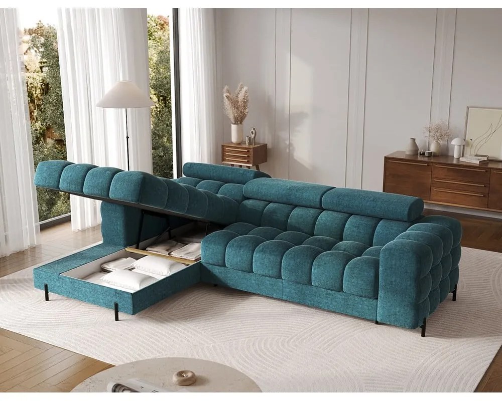 Kék buklé kinyitható-tárolóhelyes sarokkanapé (bal oldali-heverő résszel) Felro – ELTAP