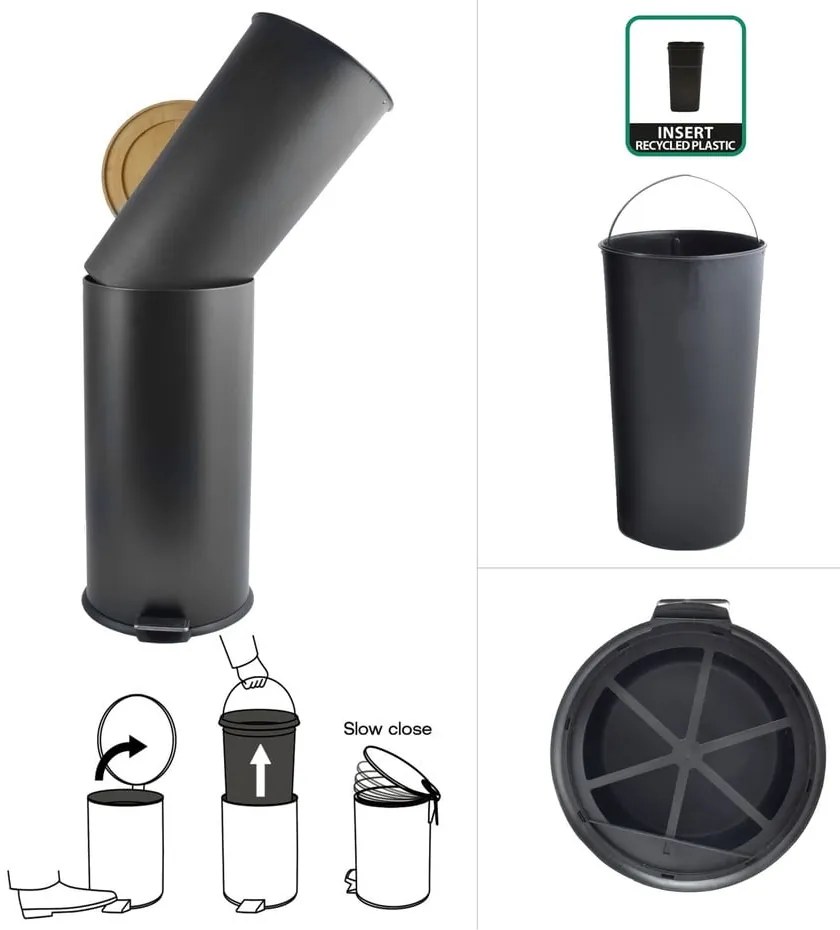 Matt fekete acél pedálos szemetes 30 l Adonis – Spirella