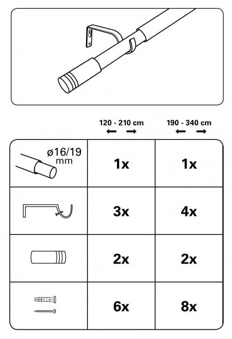 Fém bővíthető függönykarnis 120 - 210 cm Válec - Gardinia