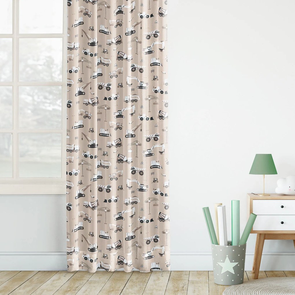 Goldea pamut gyerekfüggöny - teherautók és markolók bézs alapon 180x150 cm