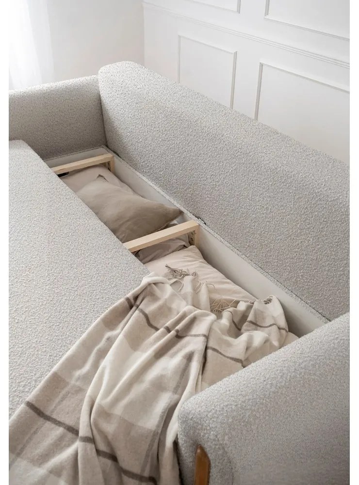 Szürkésbézs buklé kinyitható-tárolóhelyes kanapé 244 cm Arcadova – ELTAP