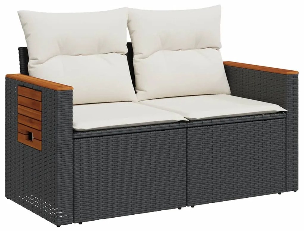 2 személyes fekete polyrattan kerti kanapé párnával