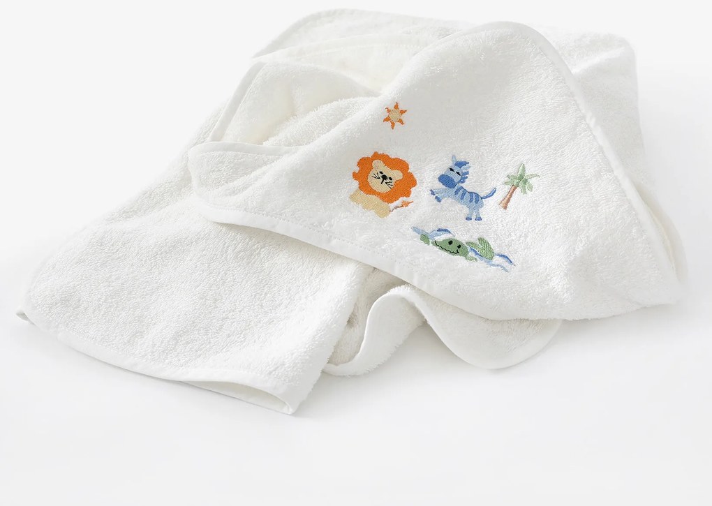 Goldea gyermek frottír fördőlepedő csuklyás - fehér alapon szafari 100 x 100 cm