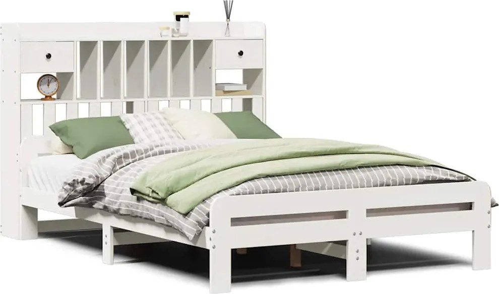 vidaXL fehér tömör fenyőfa könyvespolcos ágy matrac nélkül 140x190 cm