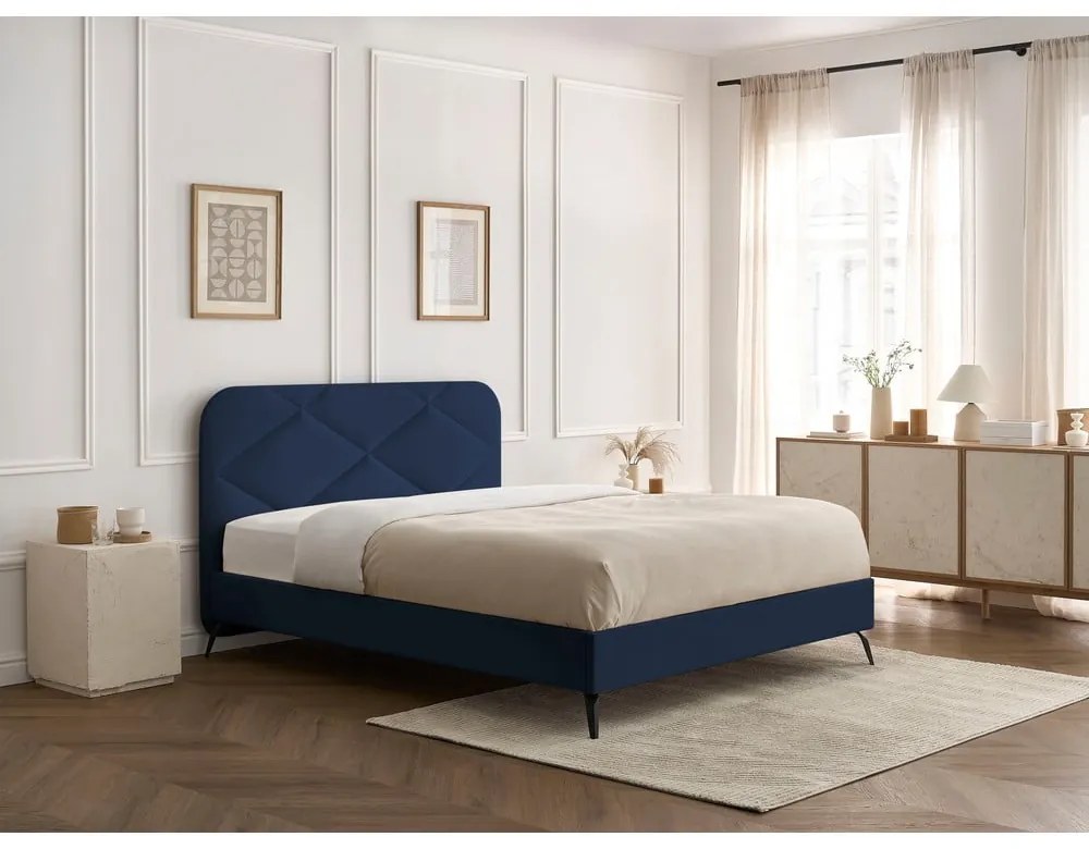 Sötétkék kárpitozott franciaágy ágyráccsal 180x200 cm Prune – Bobochic Paris