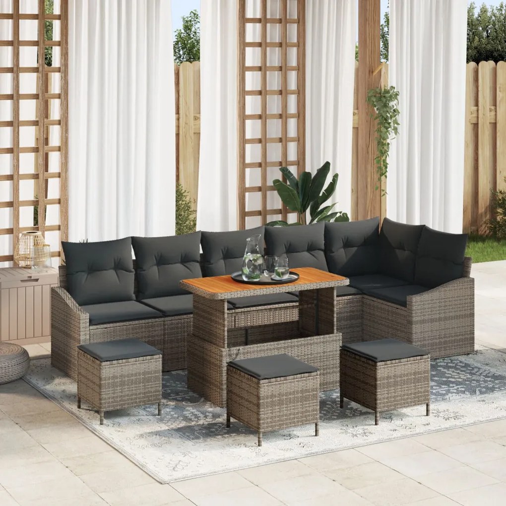 9 darabos kertiszófa szett párnákkal szürke poli rattan akáccal, 2 fős kertiszófa párnákkal szürke poli rattan, 3 darabos kertészeti étkező szett párnákkal szürke poli rattan akáccal