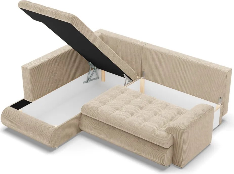 Tokio sarokkanapé, L alakú háttámlával, 2 ágyneműtartóval, kordbársony, baloldali, bézs