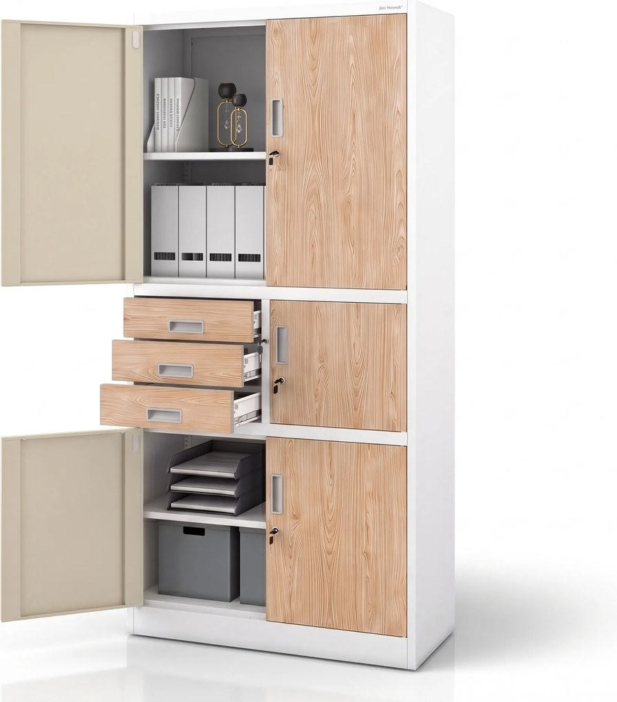 Fém irodai szekrény széffel, fehér, sonoma tölgy, 900x1850x400 mm: FILIP II Eco Design
