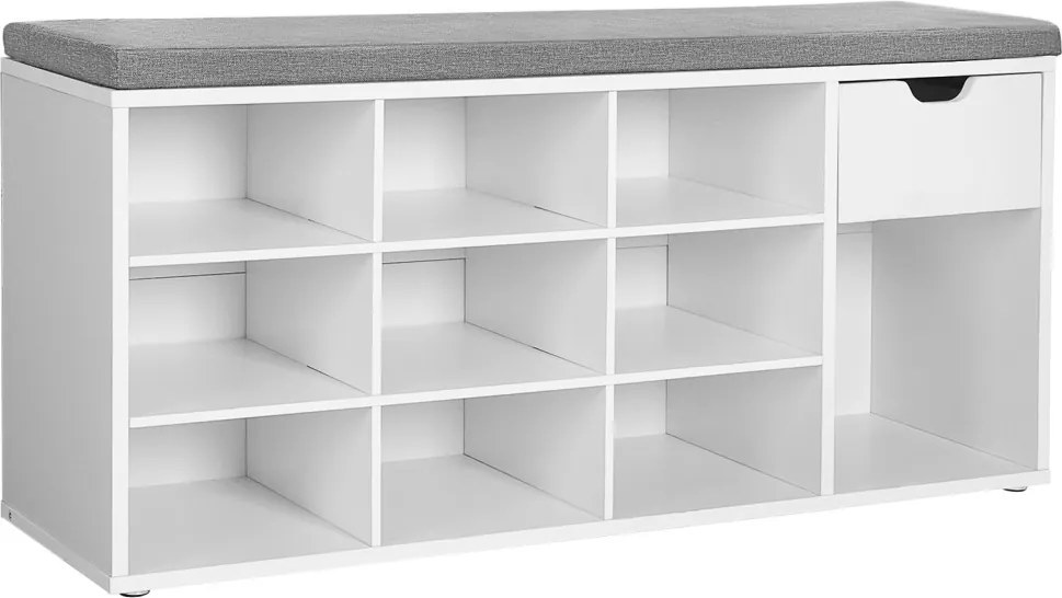 Cipőtároló pad, fiókkal és nyitott rekeszekkel, párnázott ülőfelülettel, fehér és szürke 104x30x48cm