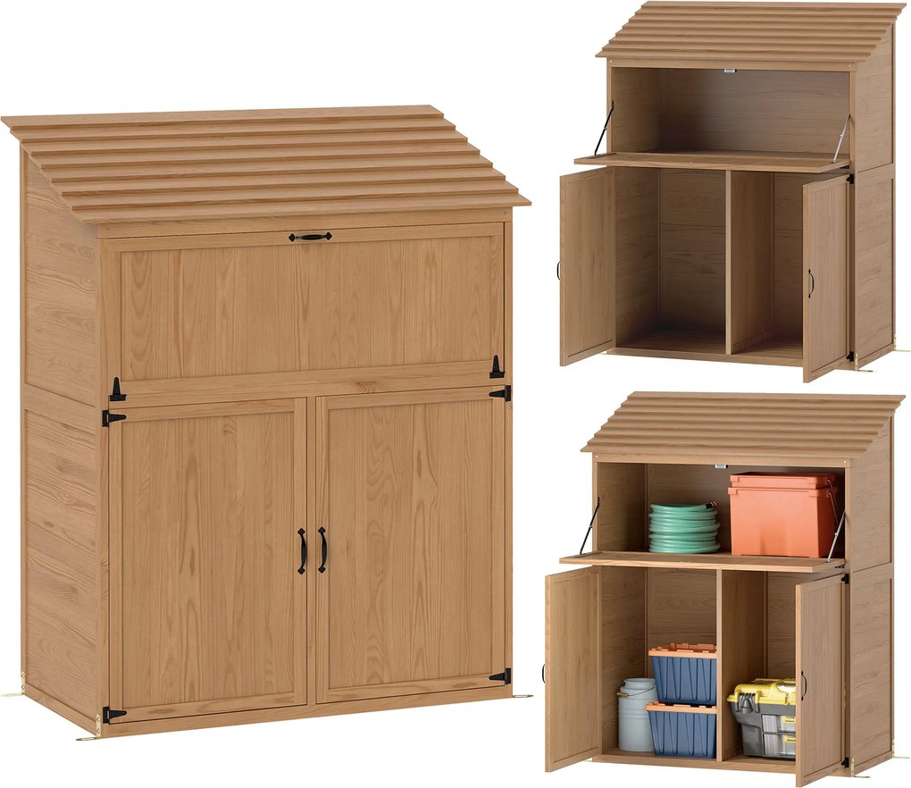 Outsunny Fa Kerti Szekrény, Eszköztároló Lépcsős Tetővel, Összecsukható Asztallal és Dupla Ajtóval 110 x 54 x 136 cm, Időjárásálló Tárolószekrény, Ker
