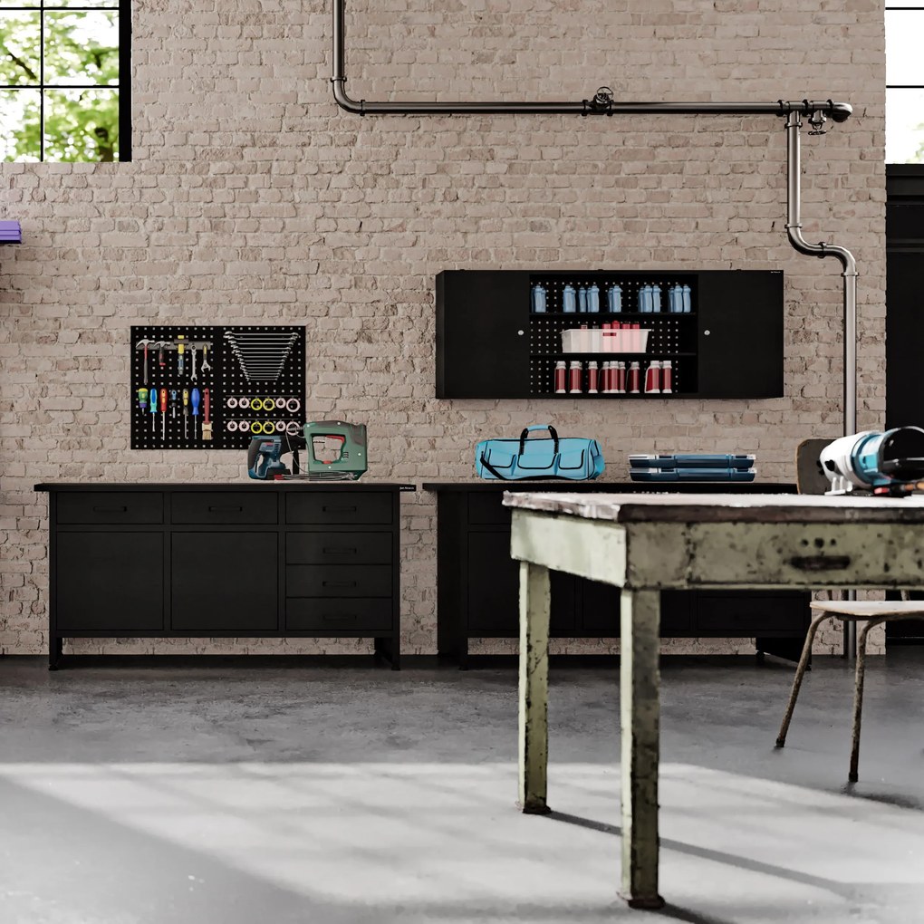 Függesztett műhelyszekrény perforált táblával, fekete, 1600x600x200 mm: LEO All Black