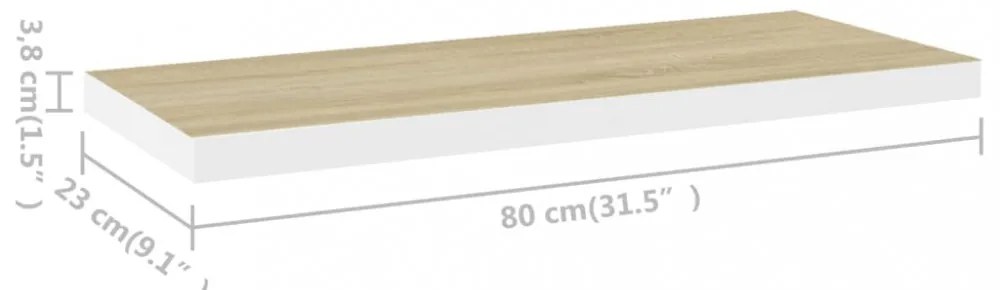 2 db tölgyszínű és fehér MDF lebegő fali polc 80x23,5x3,8 cm