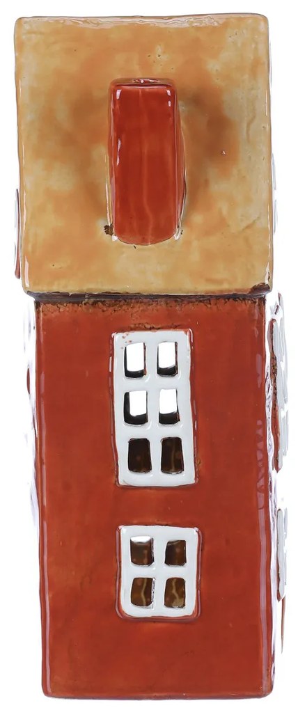 Lámpás házikó, piros, kerámia, 11 x 9 x 23 cm