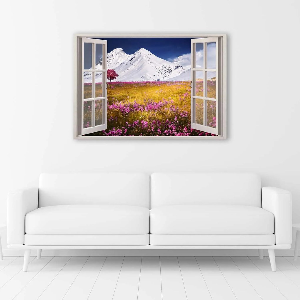 Gario Vászonkép Ablak - havas hegyek Méret: 100 x 70 cm