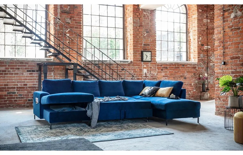 Lofty Lilly matrózkék kinyitható U alakú bársony kanapé, jobb oldali - Miuform