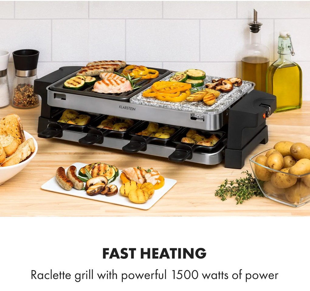 Klarstein Sirloin, raclette grill, 1500 W, alumínium / kő, 8 személyre, LED jelzőfény