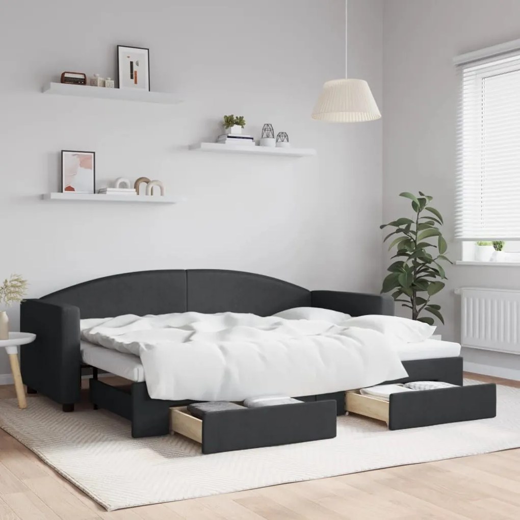 fekete kihúzható szövet heverő fiókokkal 80 x 200 cm