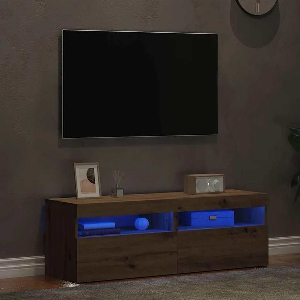 2 db kézműves tölgy színű szerelt fa TV-szekrény LED-lámpákkal