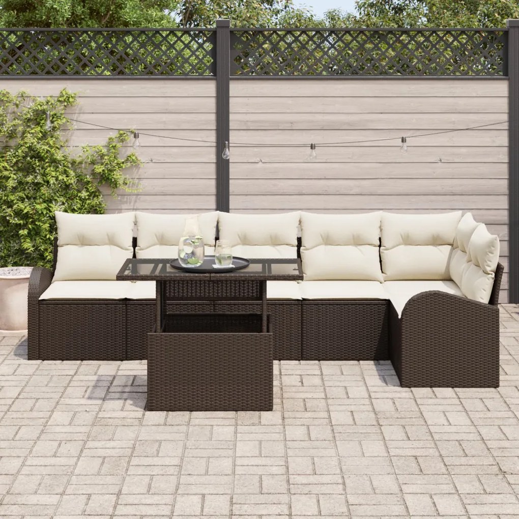 7 részes kerti kanapé szett párnákkal Barna Poly Rattan