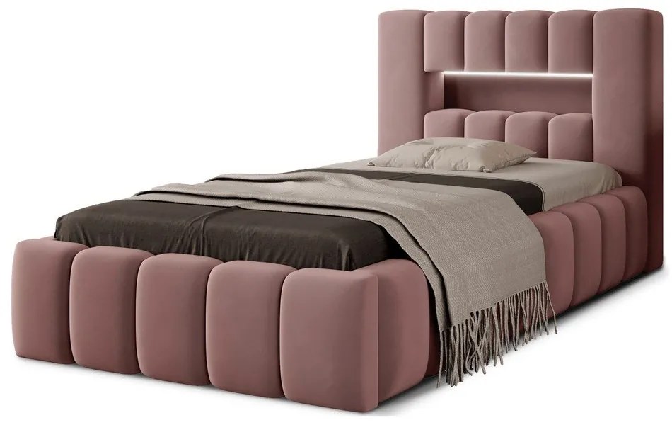 Rózsaszín kárpitozott ágyneműtartós egyszemélyes ágy ágyráccsal 90x200 cm Lamica – ELTAP