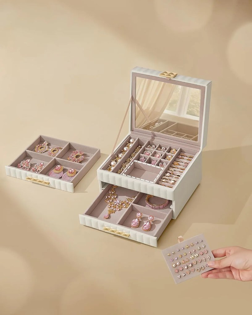 3 szintes ékszerdoboz tükörrel, ékszertartó 2 fiókkal, felhőfehér