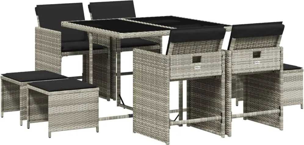 vidaXL 9részes világosszürke polyrattan kerti étkezőgarnitúra párnával