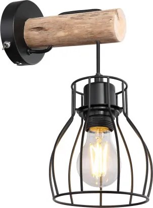 Globo 15326NW Falikar fekete fém vázon natúr fával kombinálva, fekete dróthálós búrával. SZxM::136x300, AL:175, exkl. 1xE27 40W 230V