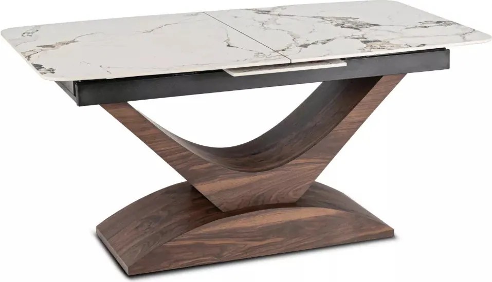 Bővíthető márványhatású kerámia étkezőasztal fehér/dió színben, ALICANTE 160–200 cm