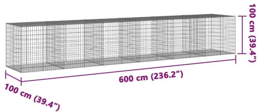 horganyzott vas gabion kosár fedéllel 600 x 100 x 100 cm