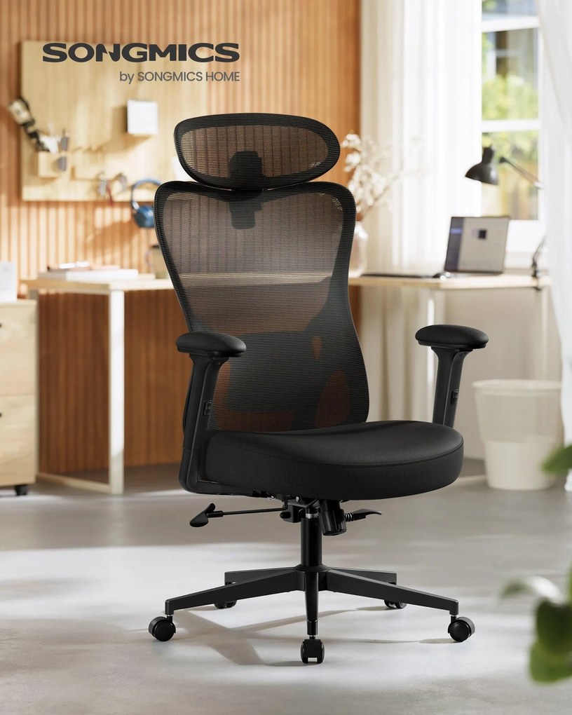 SONGMICS ergonomikus irodai szék, állítható fejtámlával és deréktámasszal, tintafekete